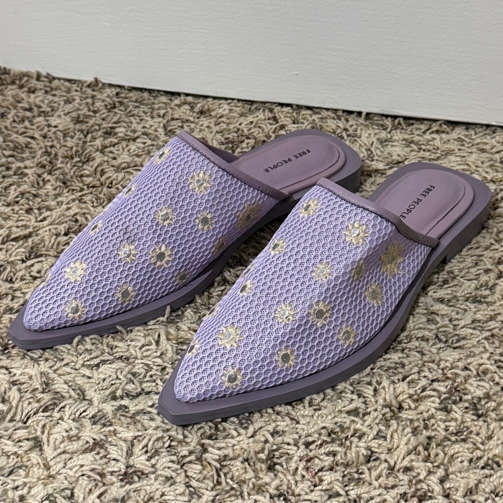 Free People Lavender Purple Mesh Floral Embroidered Pointed Toe Mules Size 8